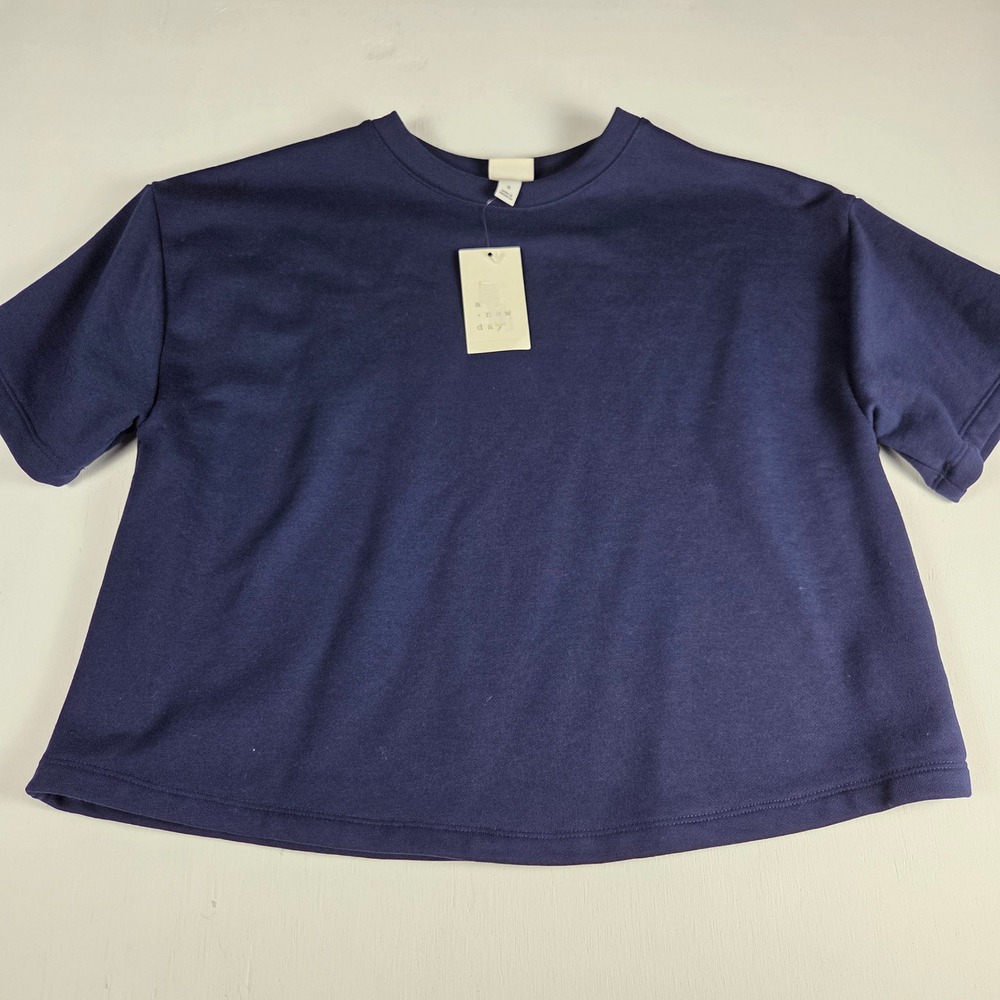 Minimalist Navy Blue Boxy Cropped Tee Short Sleeve Shirt Small NWT